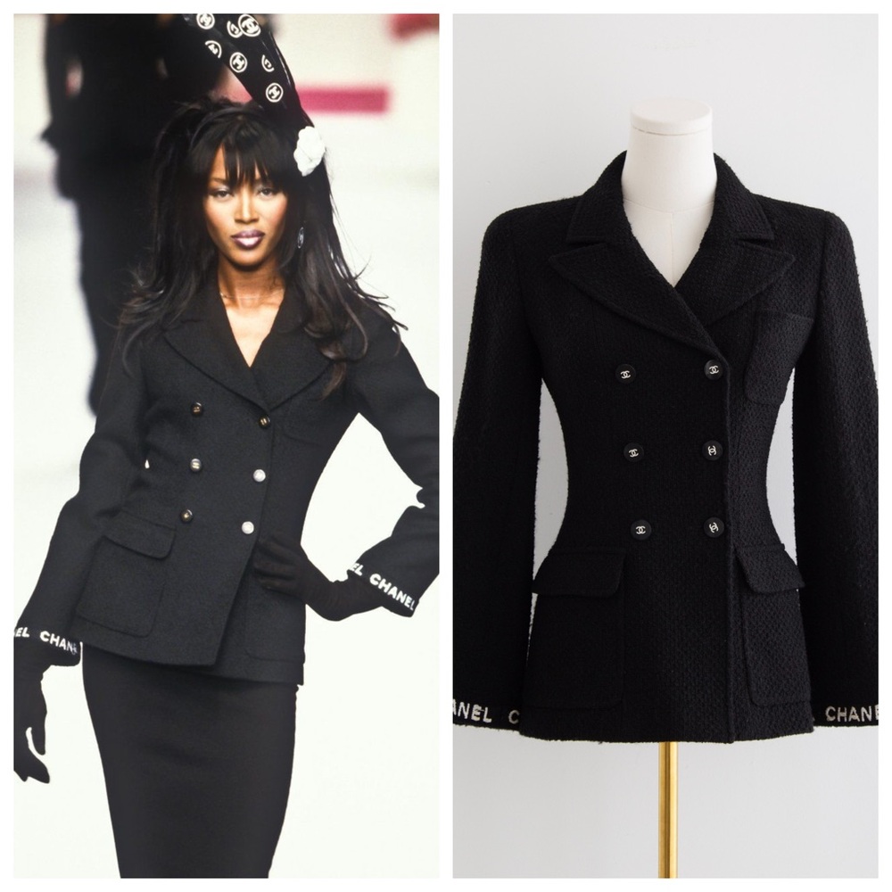 Chanel Vintage F/W 1995 Black White Logo Tweed 95A Jacket